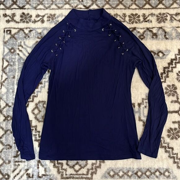 AmélieBoutik Women Mock Neck Lace Up Raglan Long Sleeve Blouse Top - Picture 3 of 7